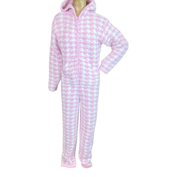 Skims Cozy Knit Petal Houndstooth Pink Jumpsuit/Onesie Pajama L #78G - Picture 1 of 8